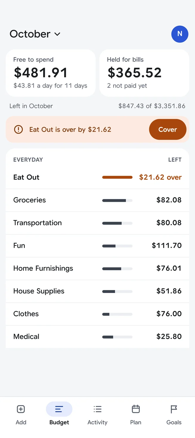 House Rules on a phone: the Budget screen for October, with $481.91 free to spend